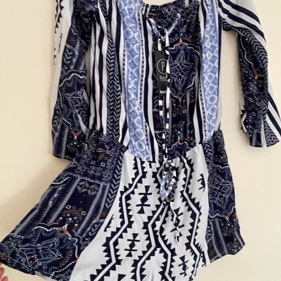 Boohoo Mix Patterned Abstract Off Shoulder Romper Playsuit Blue - Picture 8 of 10